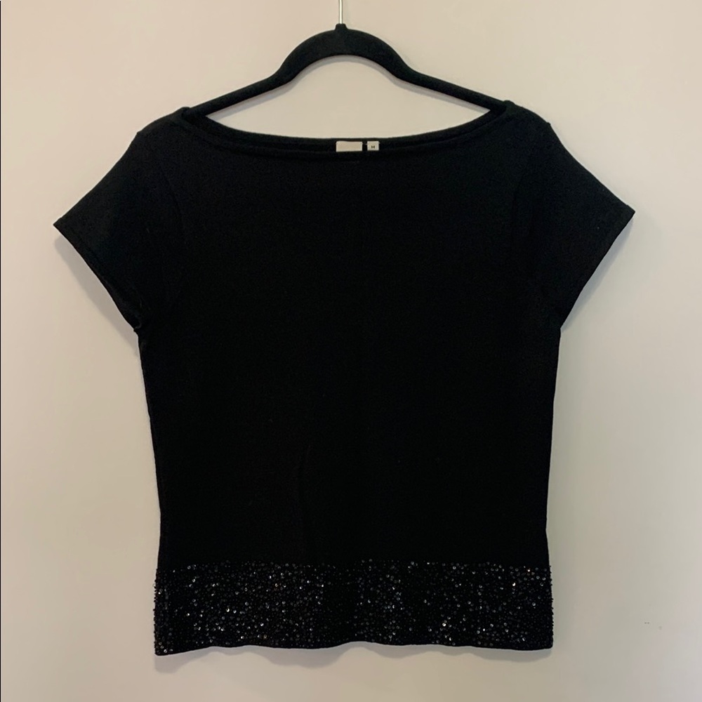 Anne Klein Black Short Sleeve Top with Beaded Hem 100% Merino Wool